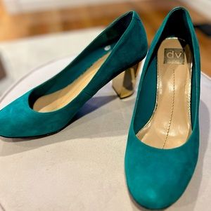 Dolce Vita Teal Suede and Gold Metallic Heeled Pumps